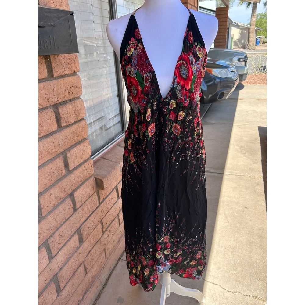 Floral Halter Midi Dress Handmade Deep V Neck Open Back Boho Summer Festival S